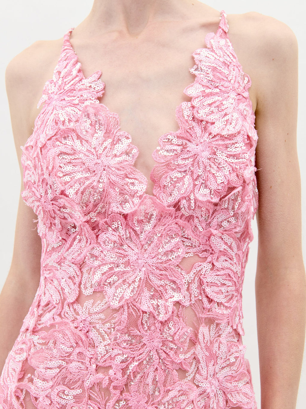 Pink Floral Lace Floor-Length Dress