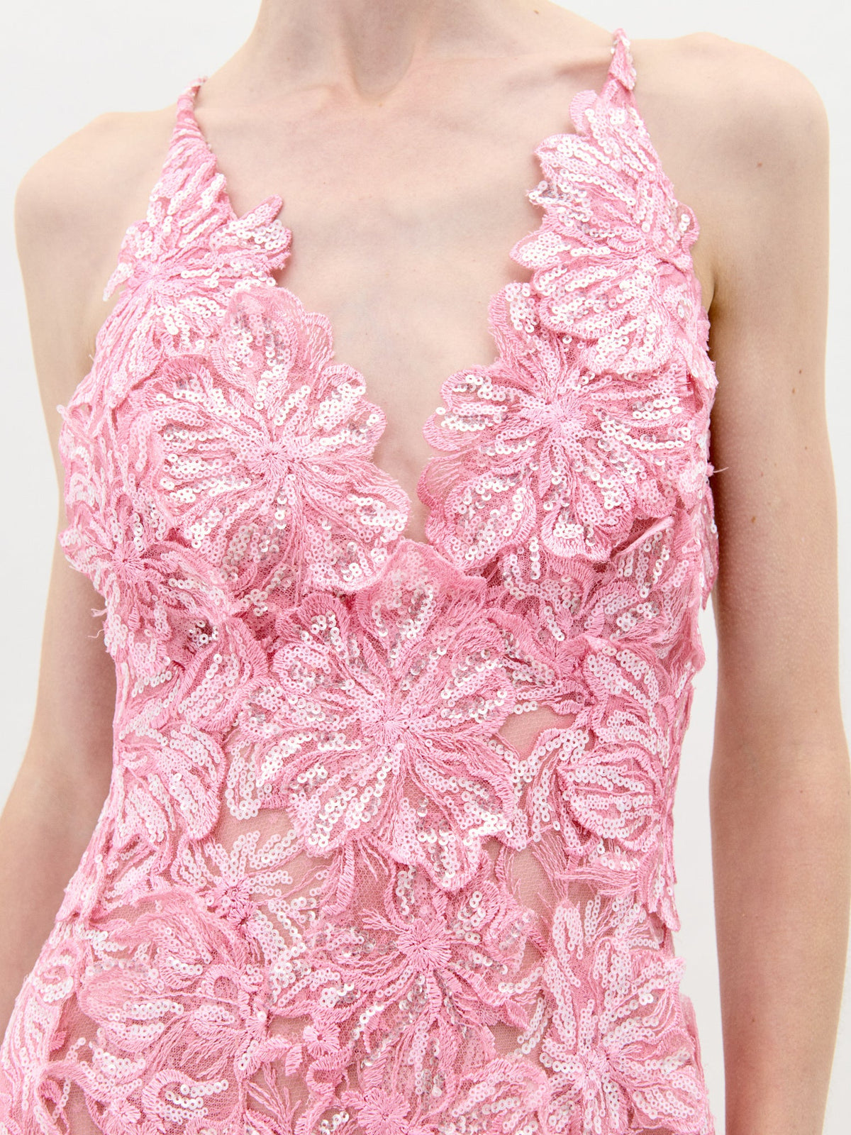 Pink Floral Lace Floor-Length Dress