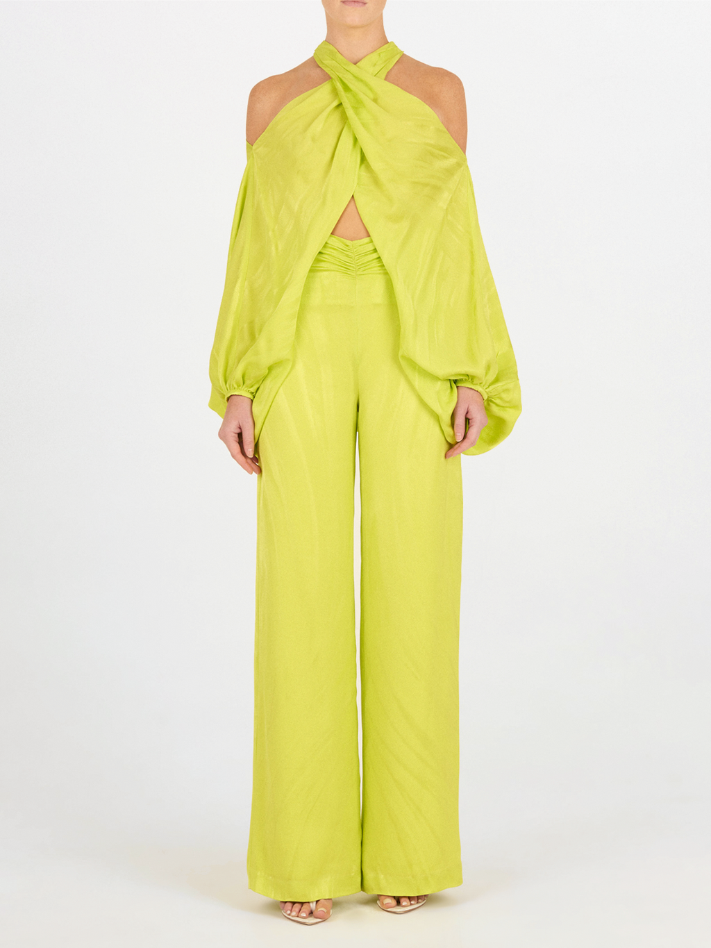 Bright Green Ruched High-Waist Pants