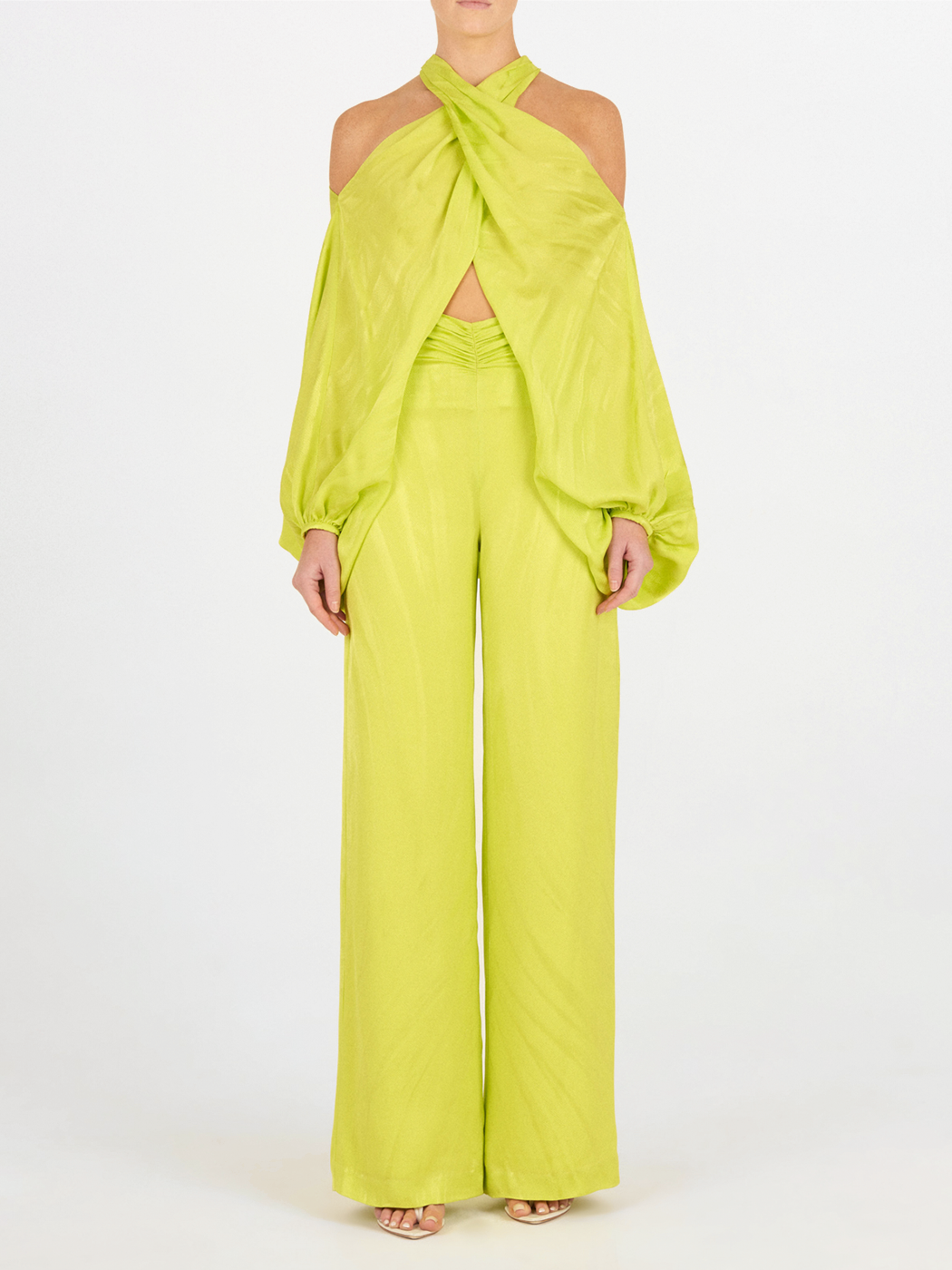 Bright Green Ruched High-Waist Pants