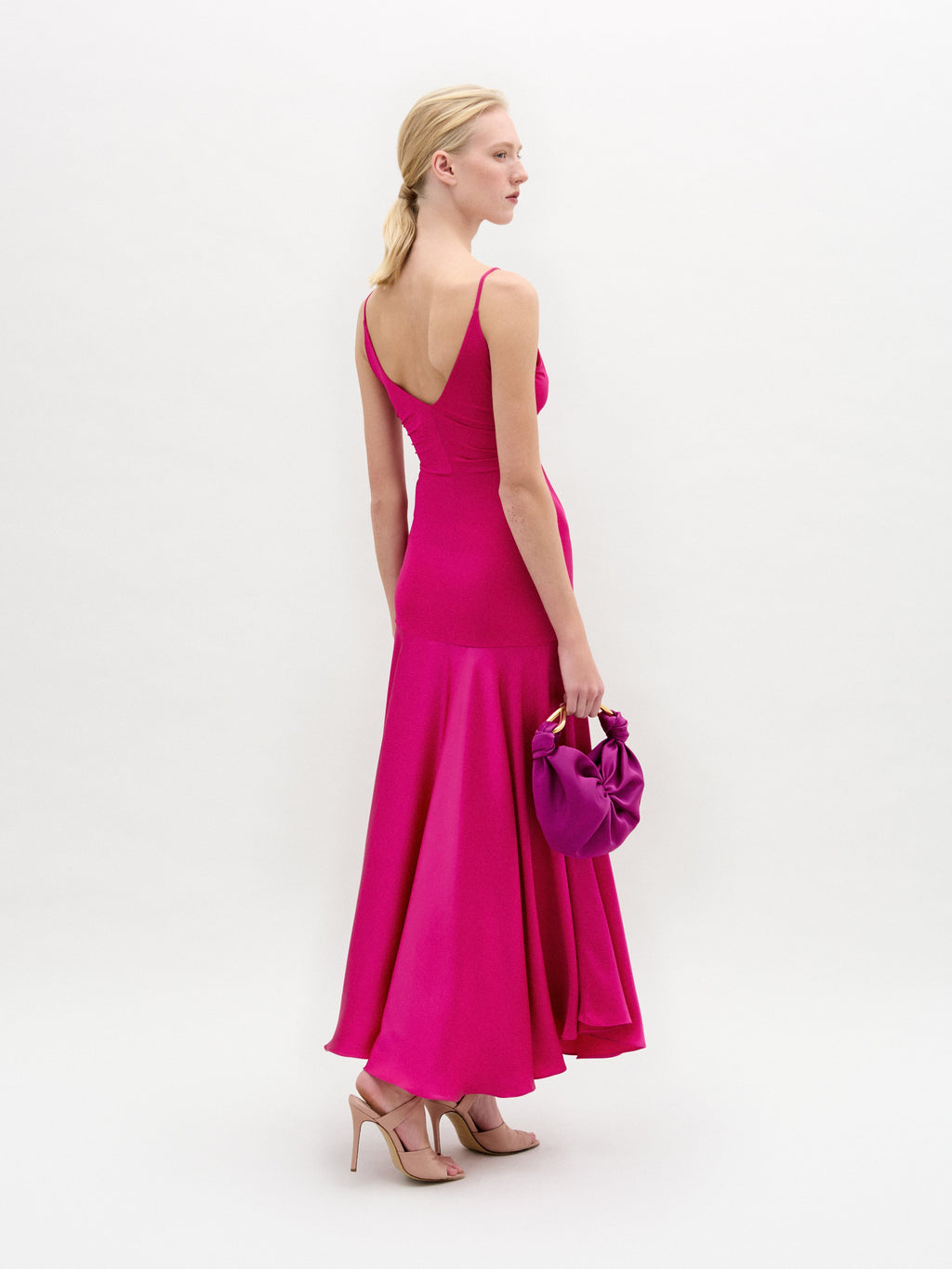 Fuchsia Ruched V-neck Maxi Gown