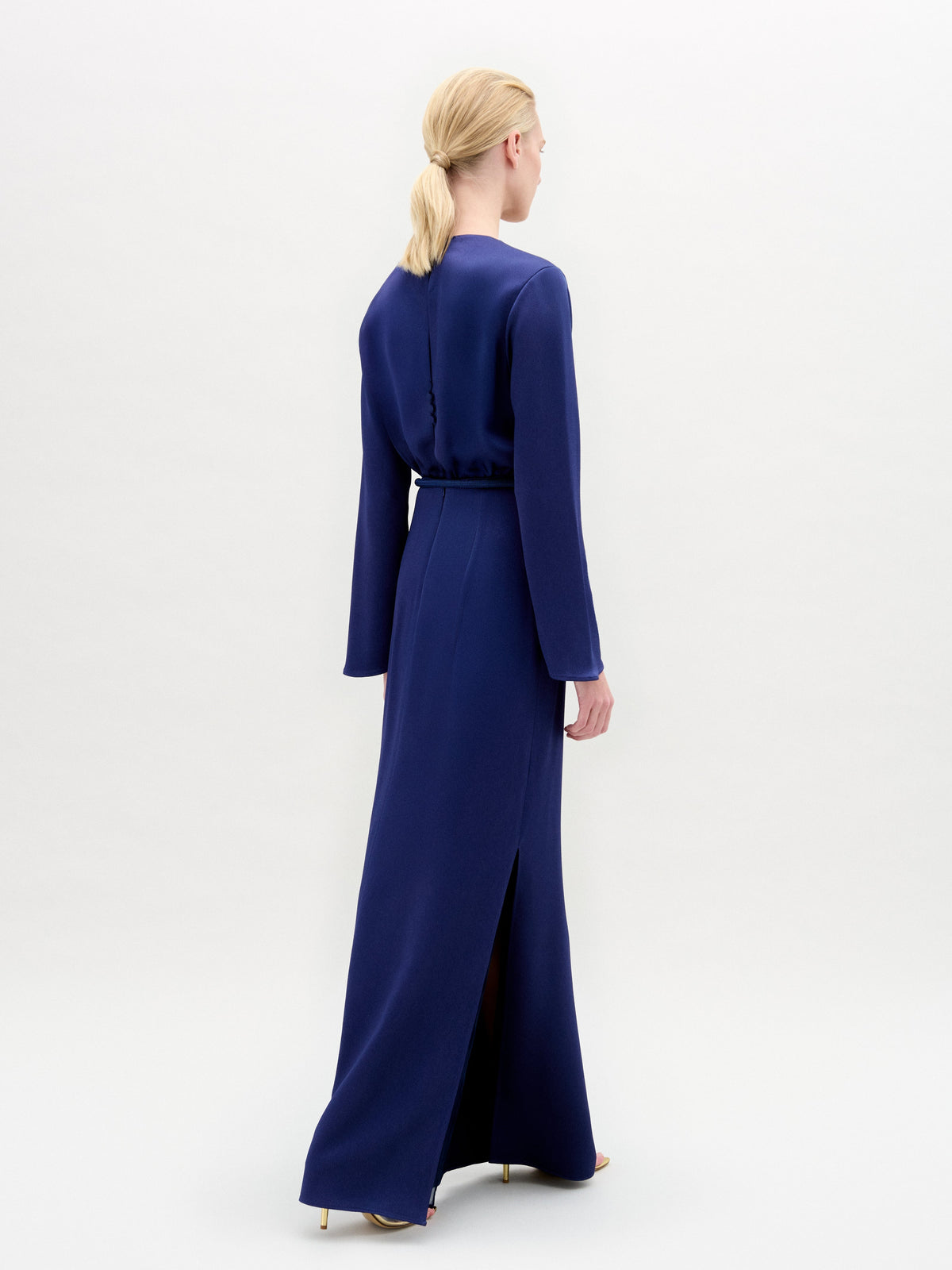 Navy Blue V-Neck Long-Sleeve Maxi Dress