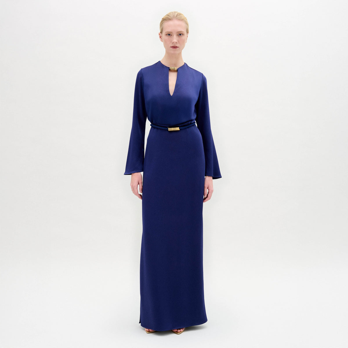 Navy Blue V-Neck Long-Sleeve Maxi Dress