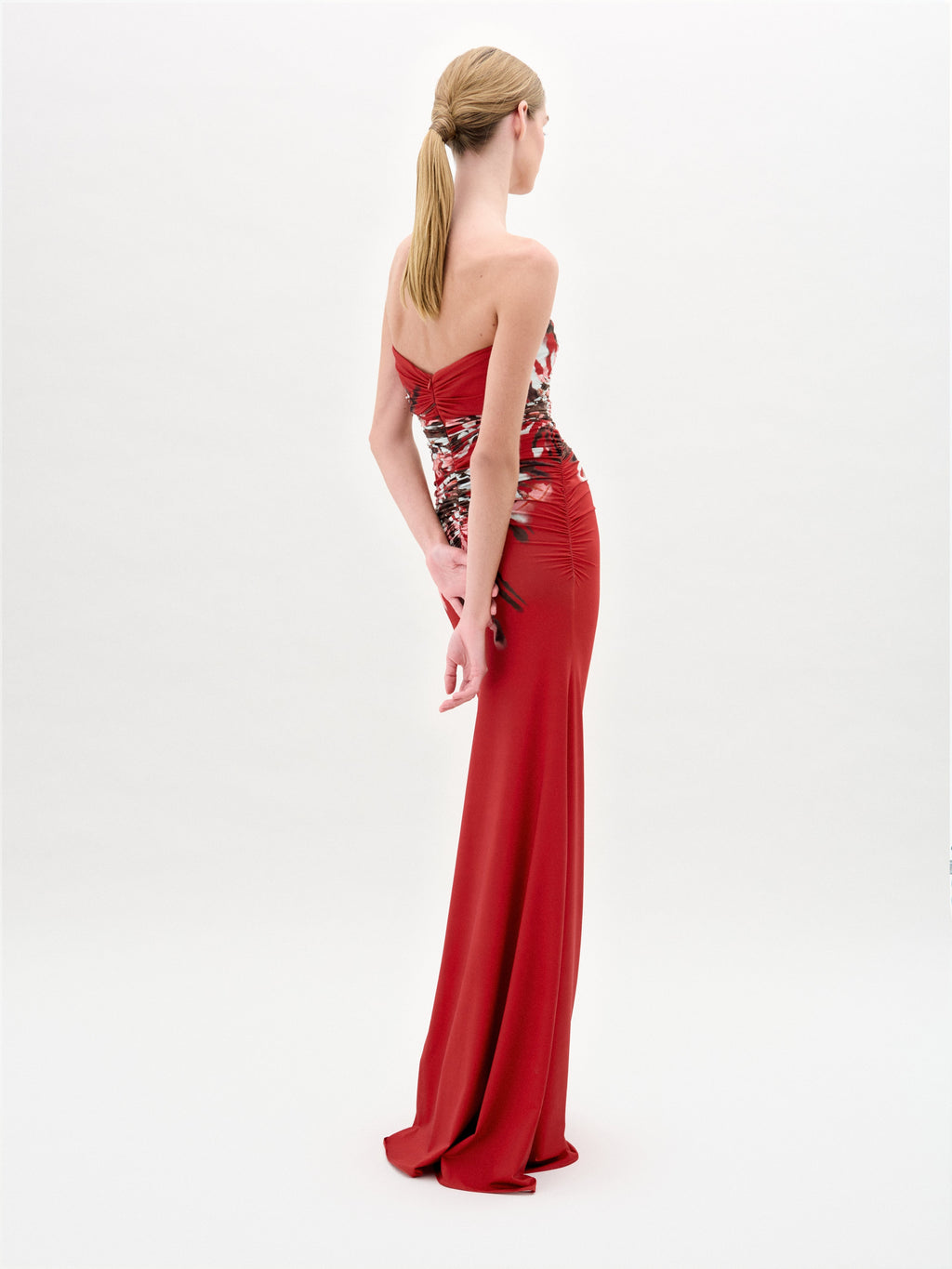 Red Print Strapless Gown