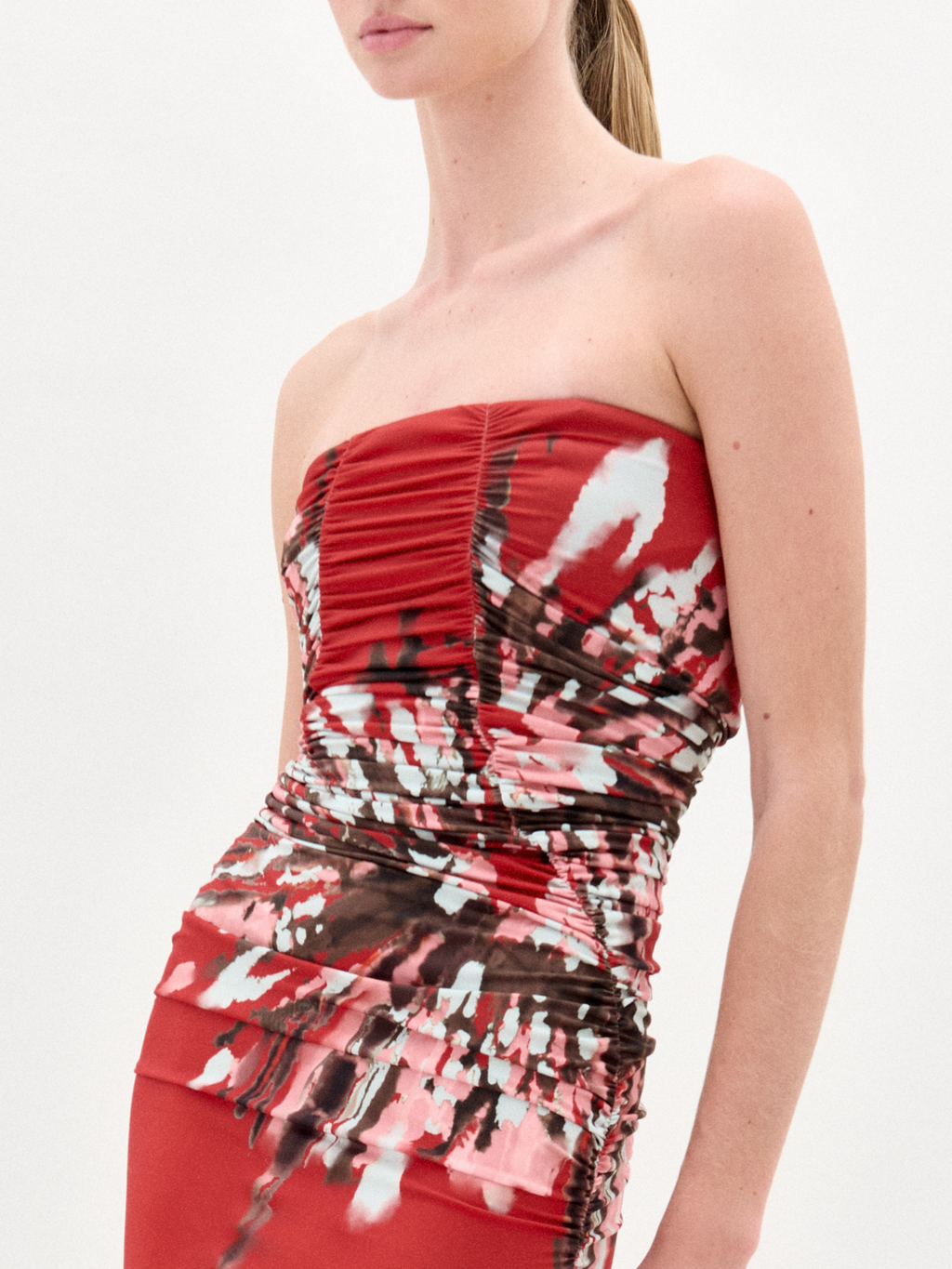 Red Print Strapless Gown