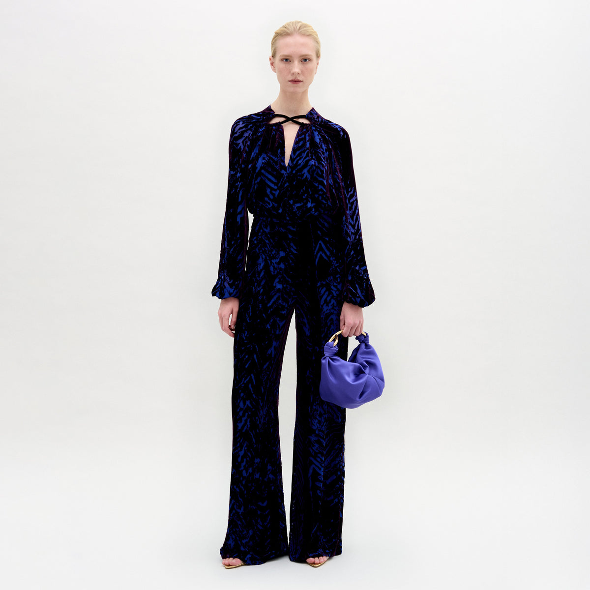 Blue Velvet Leopard Flare-Leg Jumpsuit