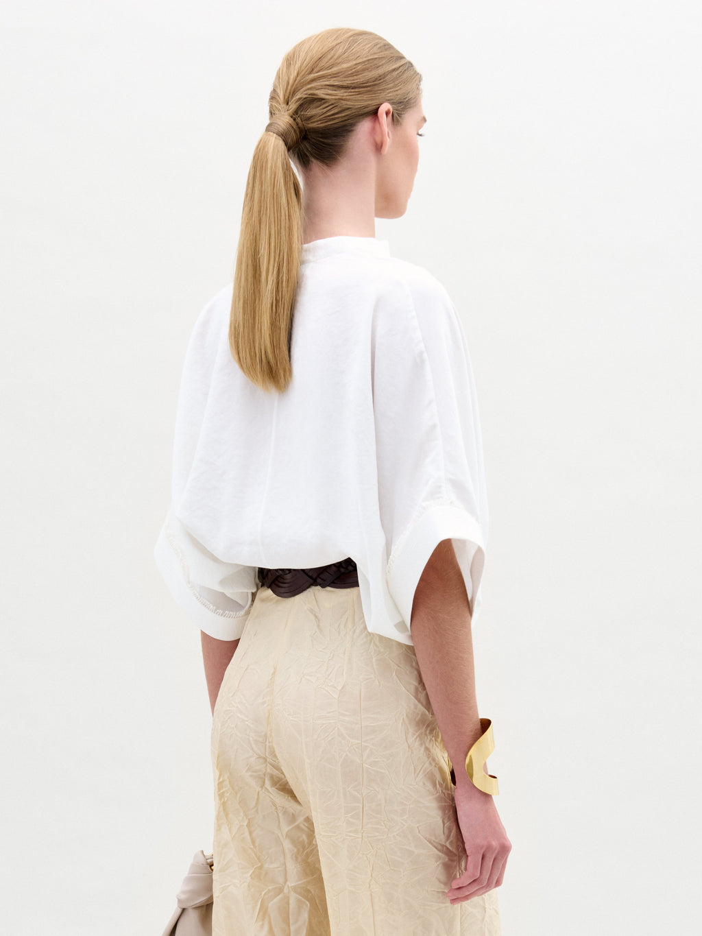 Pearl-trimmed V-neck White Shirt