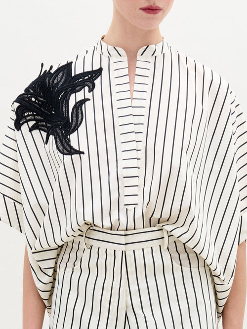 Black-White Striped Embroidered Top