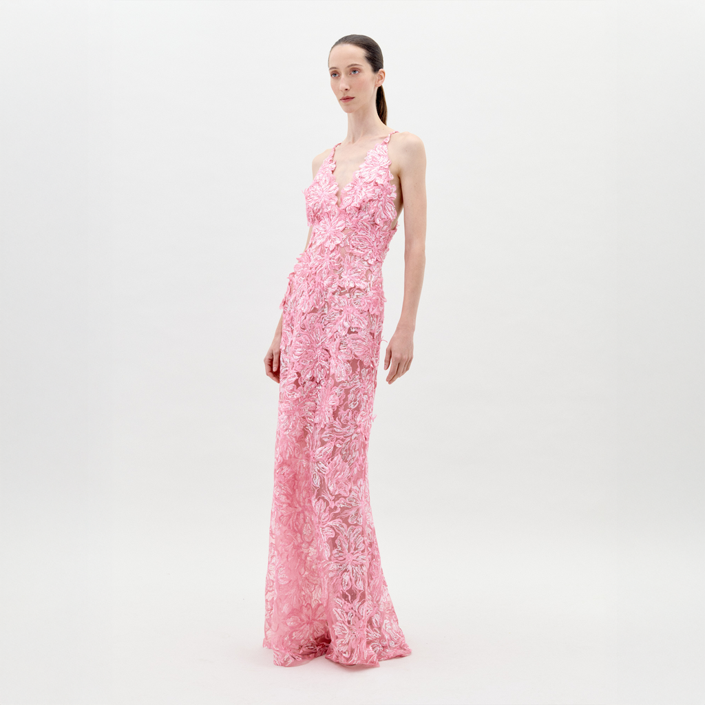 Pink Floral Lace Floor-Length Dress