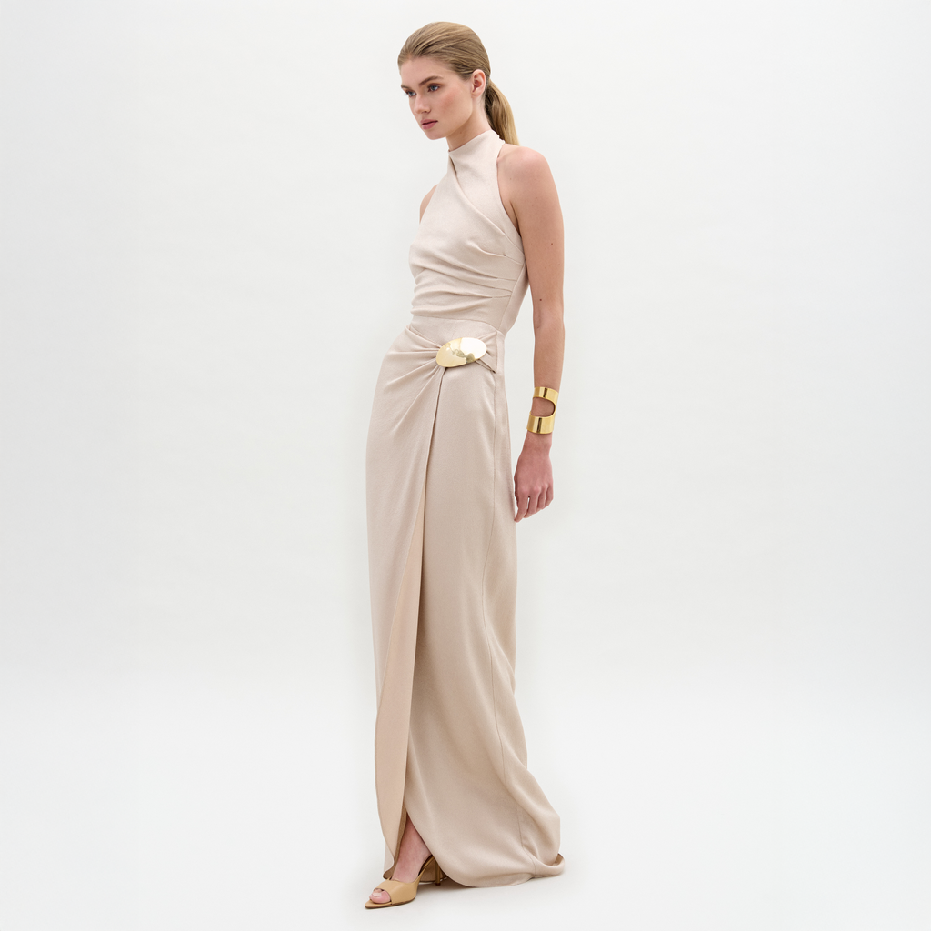 Beige High-neck Sleeveless Maxi Dress‌