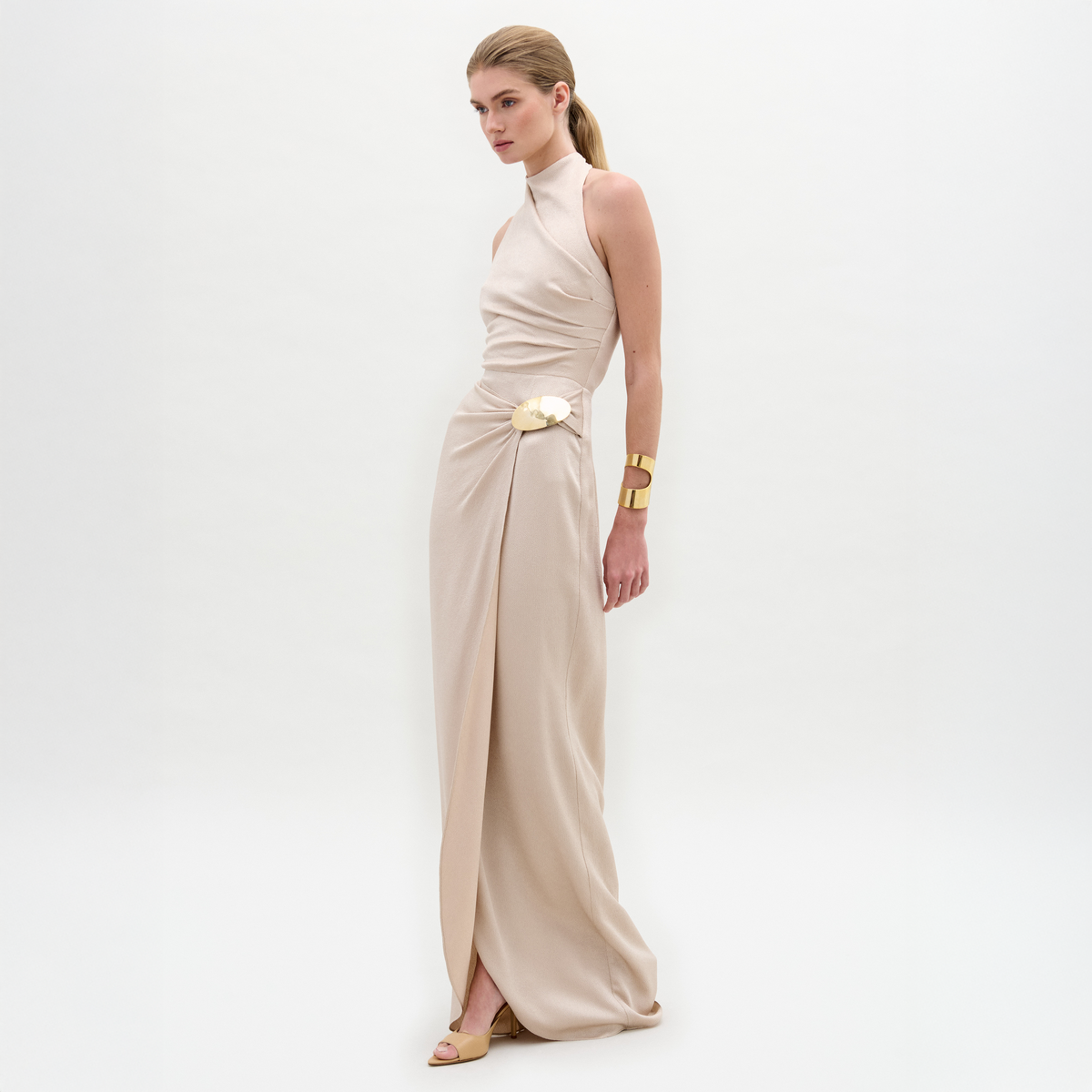 Beige High-neck Sleeveless Maxi Dress‌