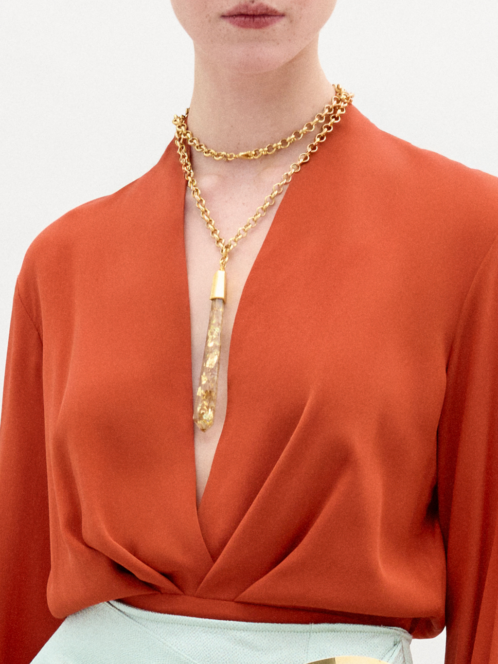 Orange V - neck Wrap Blouse