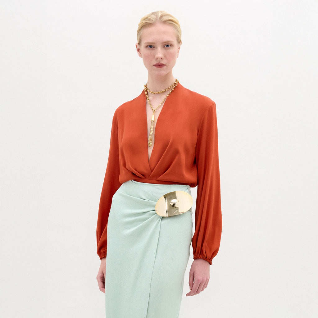 Orange V - neck Wrap Blouse