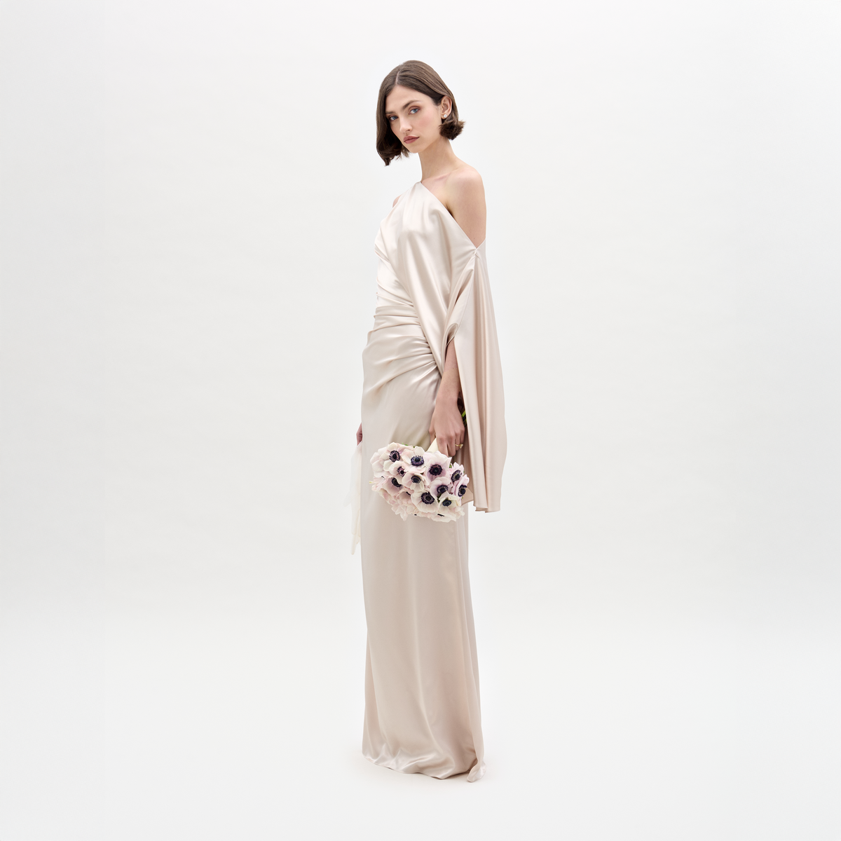 Ivory Asymmetric Single-Shoulder Maxi Dress