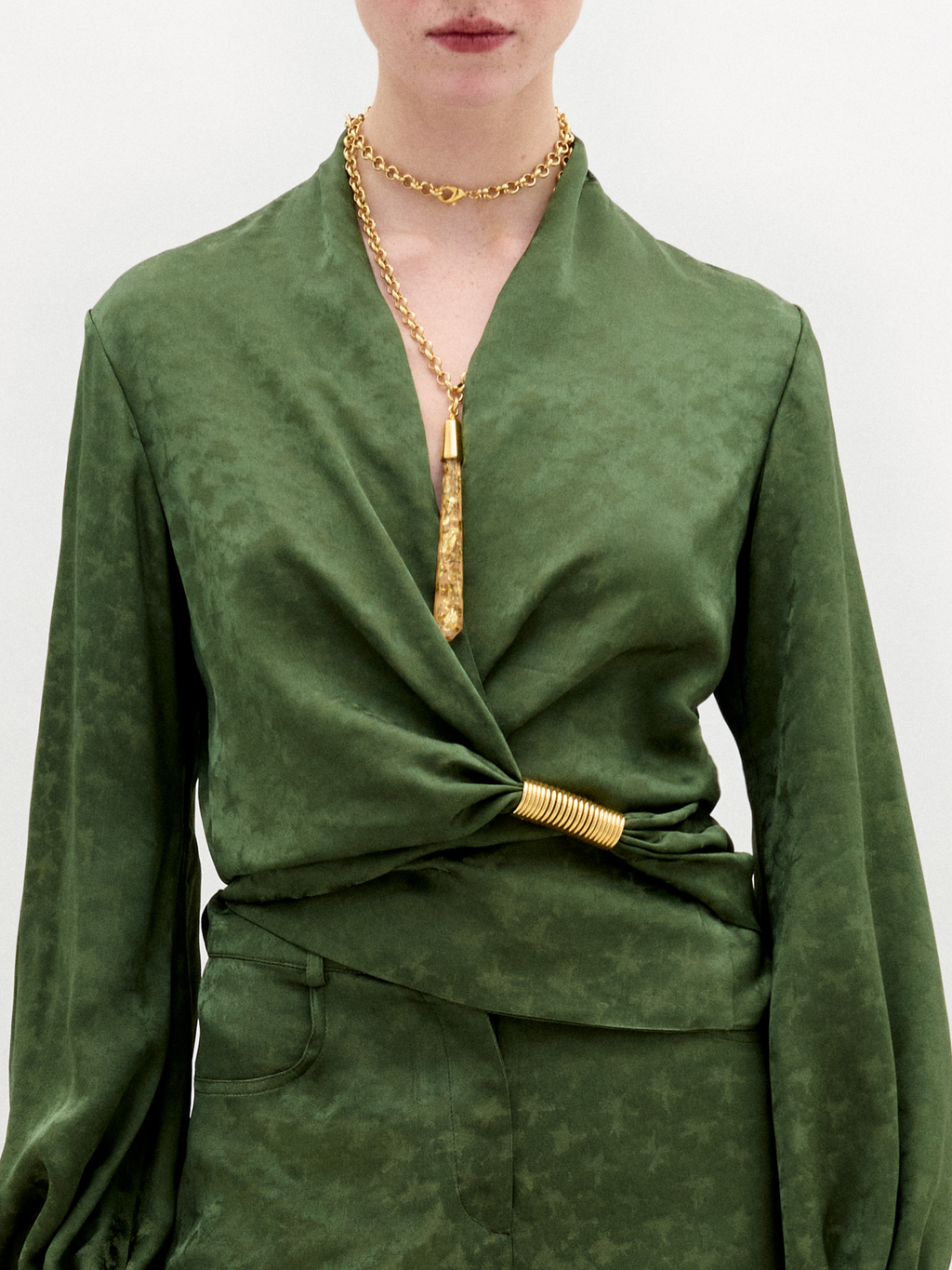 Dark Green Ruched Long-sleeve Top