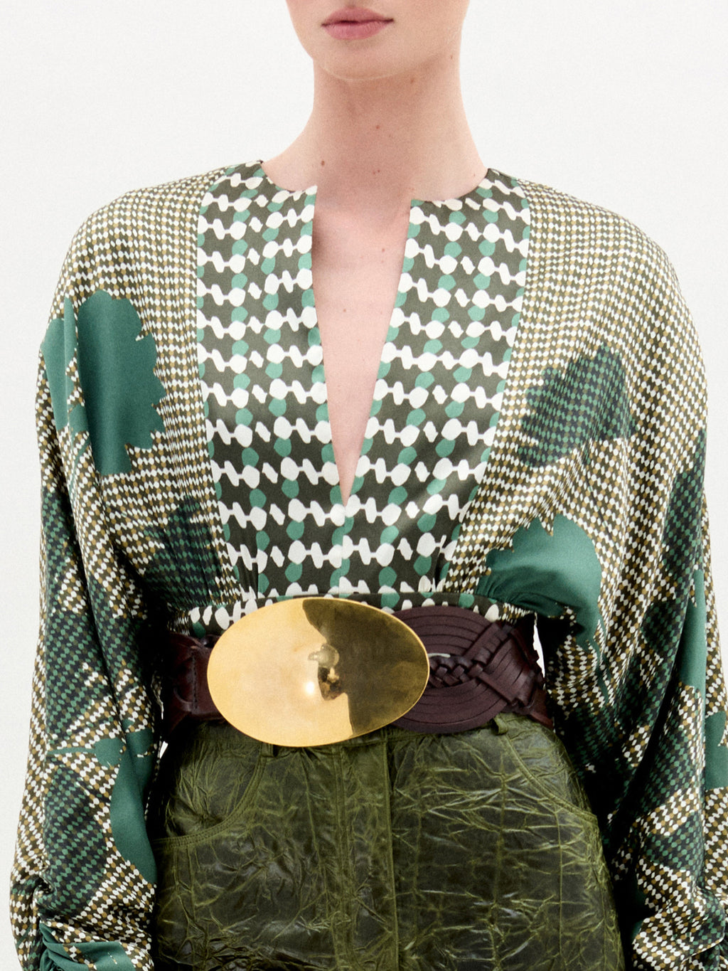 Green Houndstooth V - neck Blouse