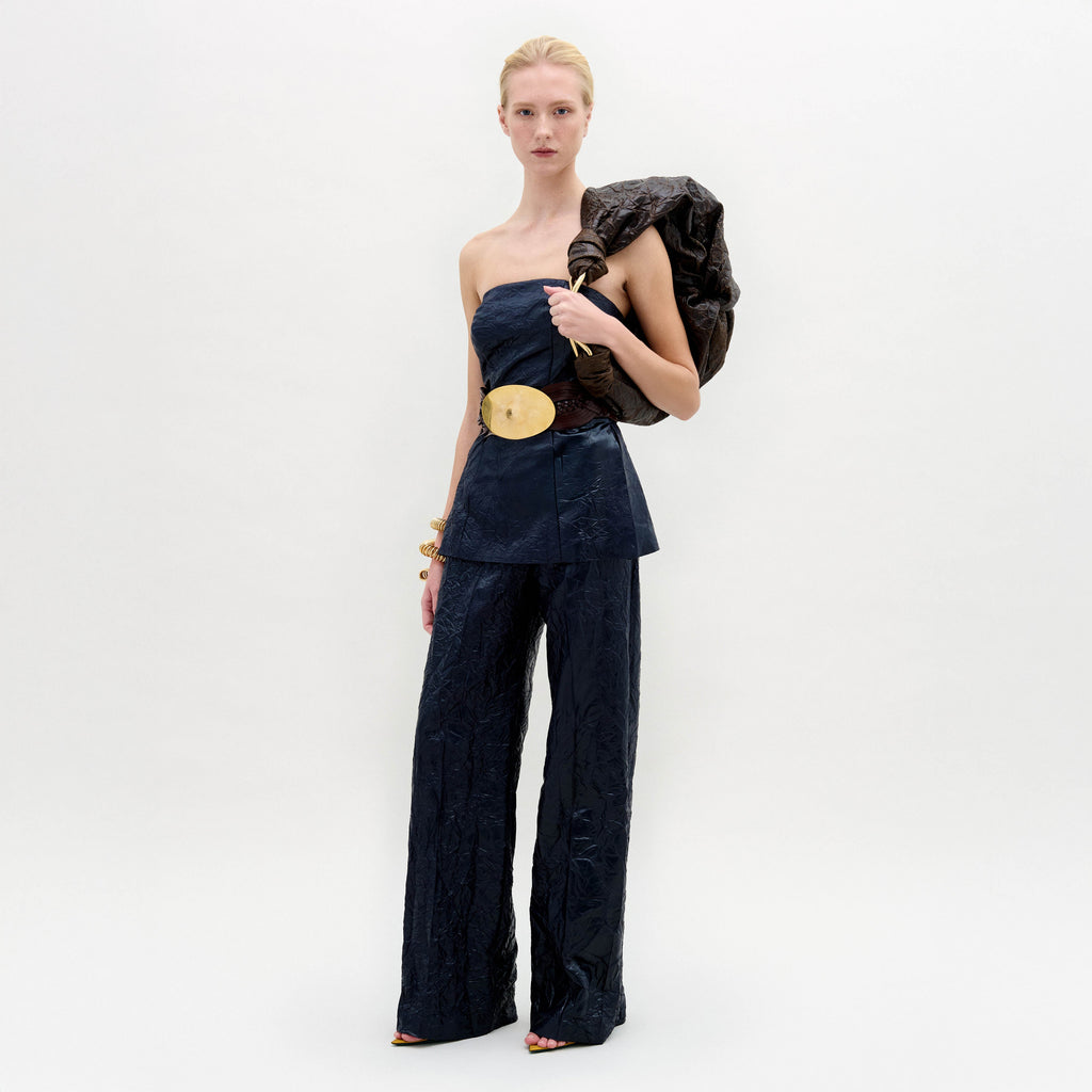 Navy Blue Strapless Wide-Leg Set