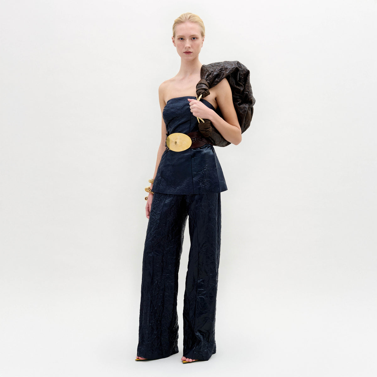 Navy Blue Strapless Wide-Leg Set
