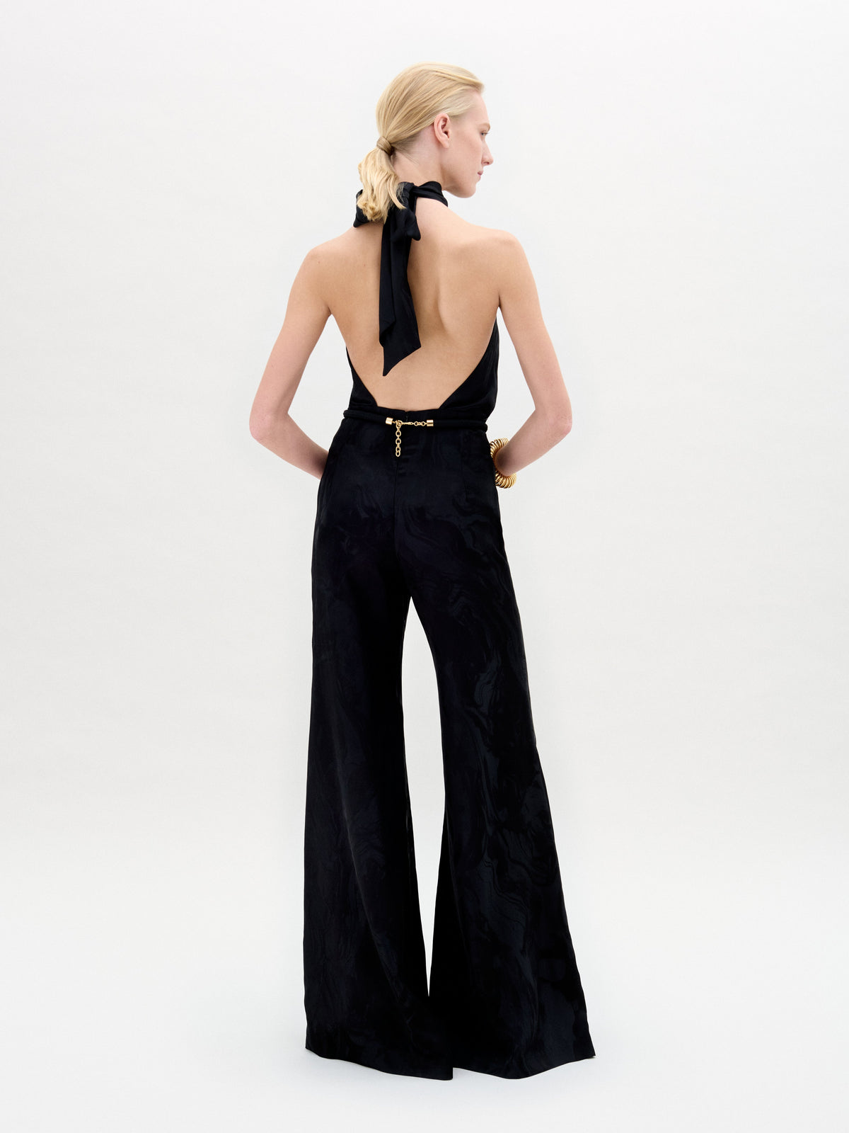 Black Velvet High-neck Wide-leg Jumpsuit