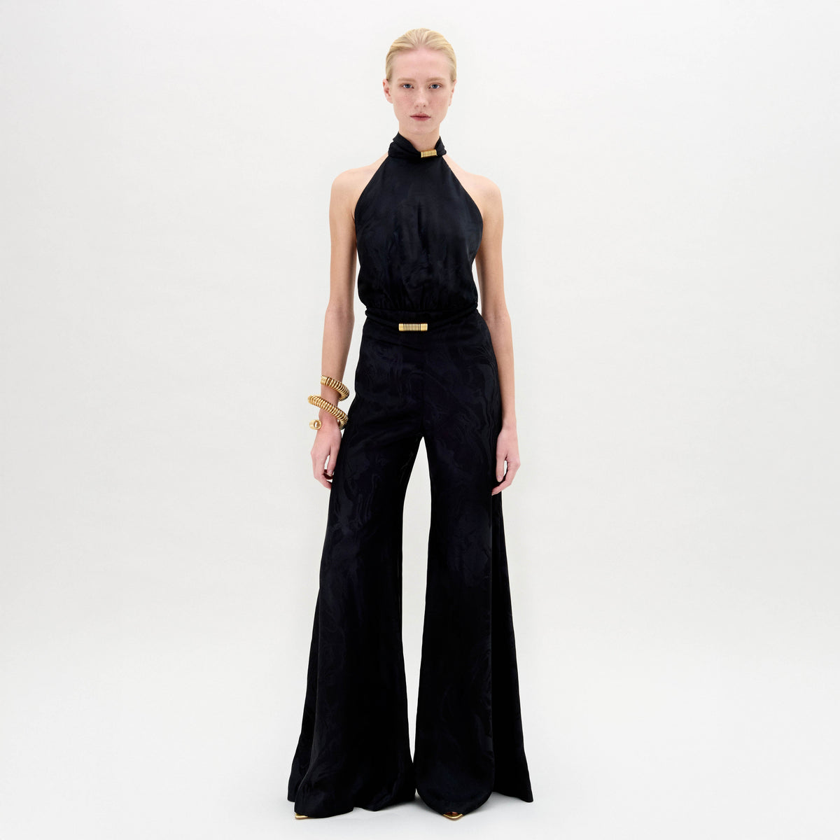Black Velvet High-neck Wide-leg Jumpsuit