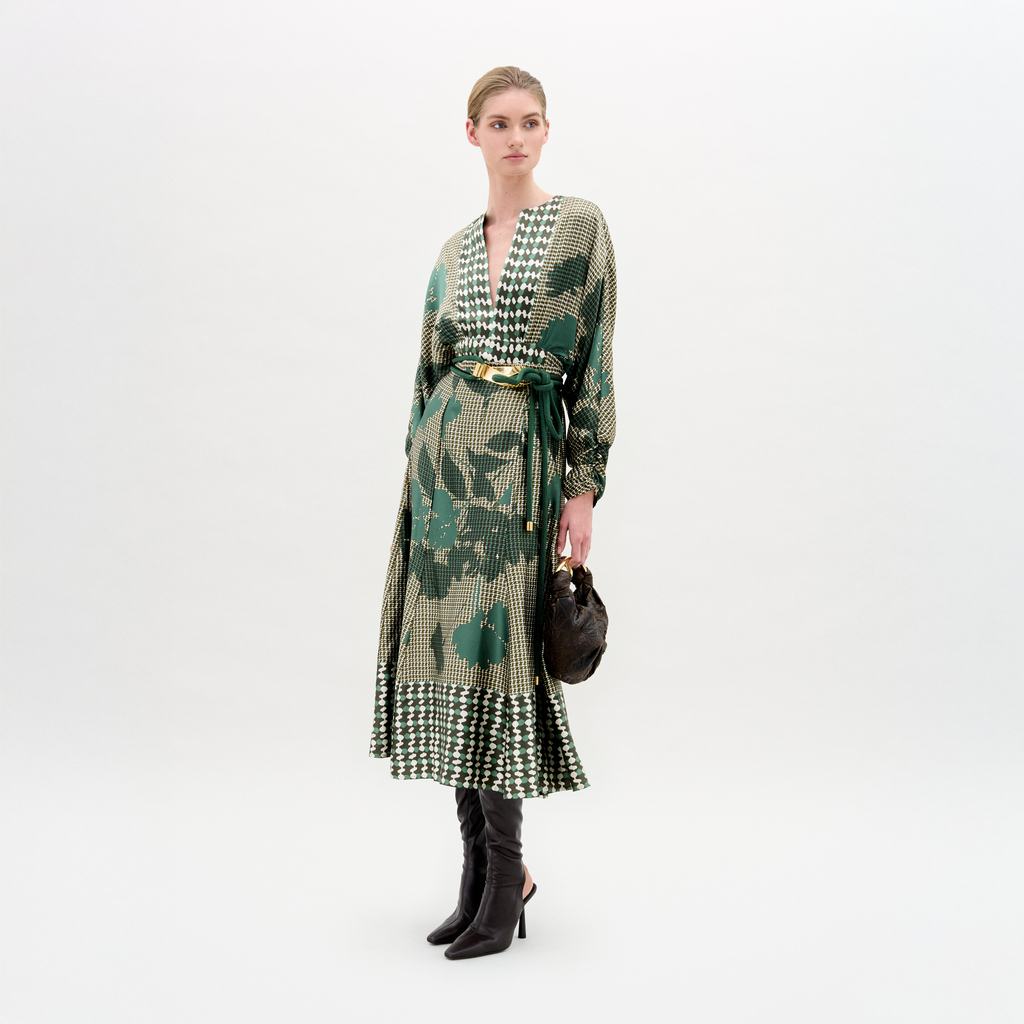 Green Grid Floral Long-Sleeve Dress