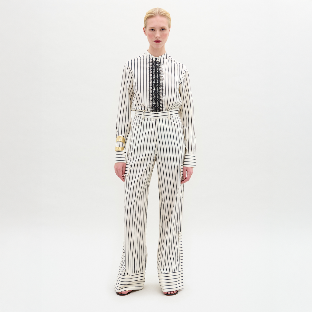White Black Vertical Stripe High-Waisted Wide-Leg Trousers