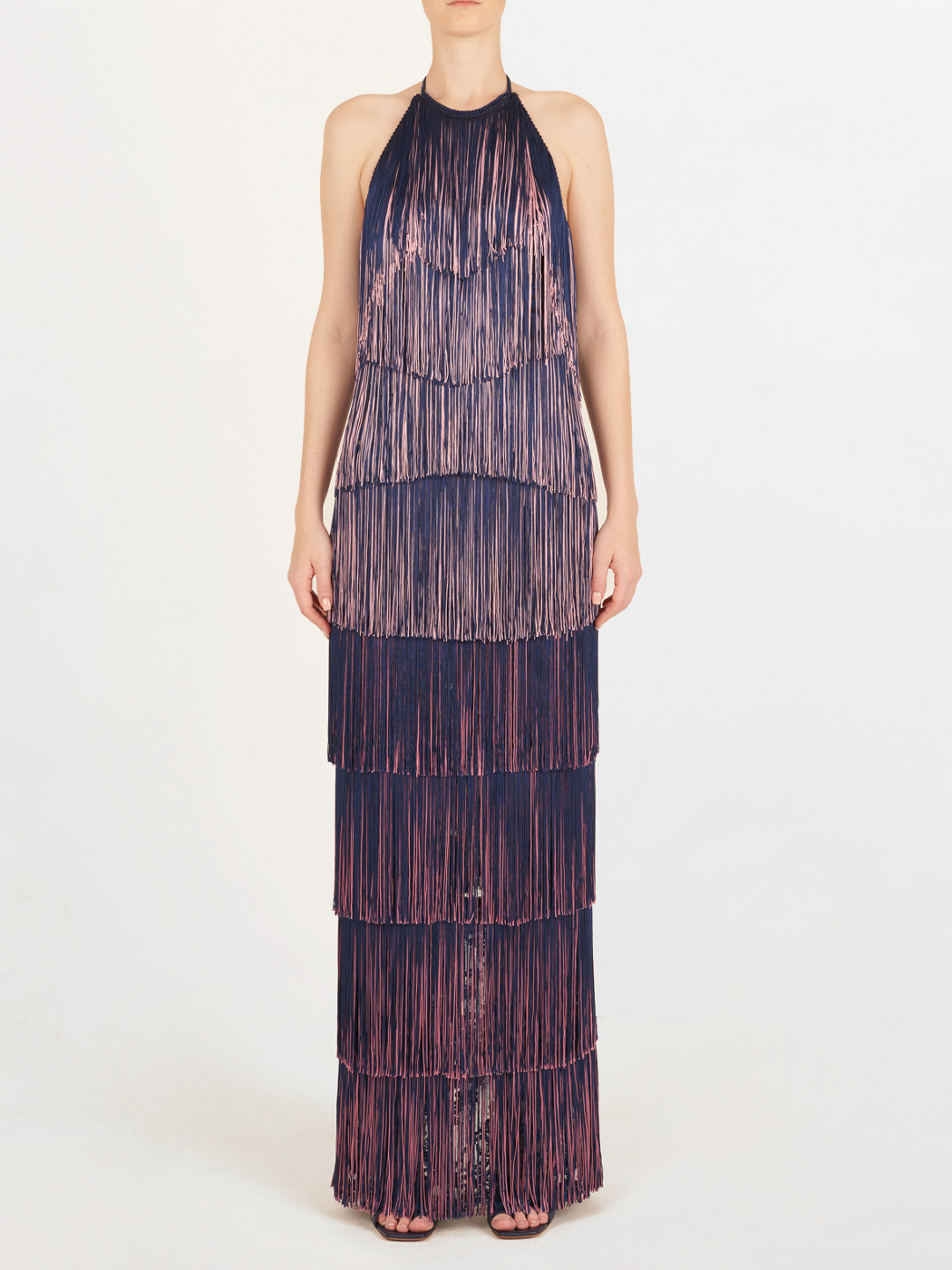 Purple-Blue Halter Layered Fringe Maxi Dress