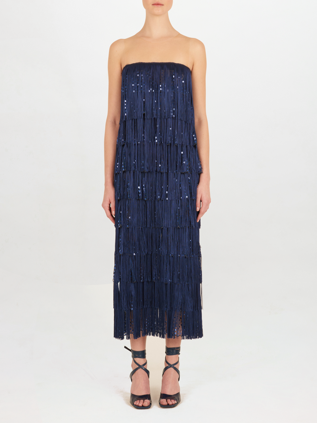 Navy Layered Fringe Sleeveless Long Dress