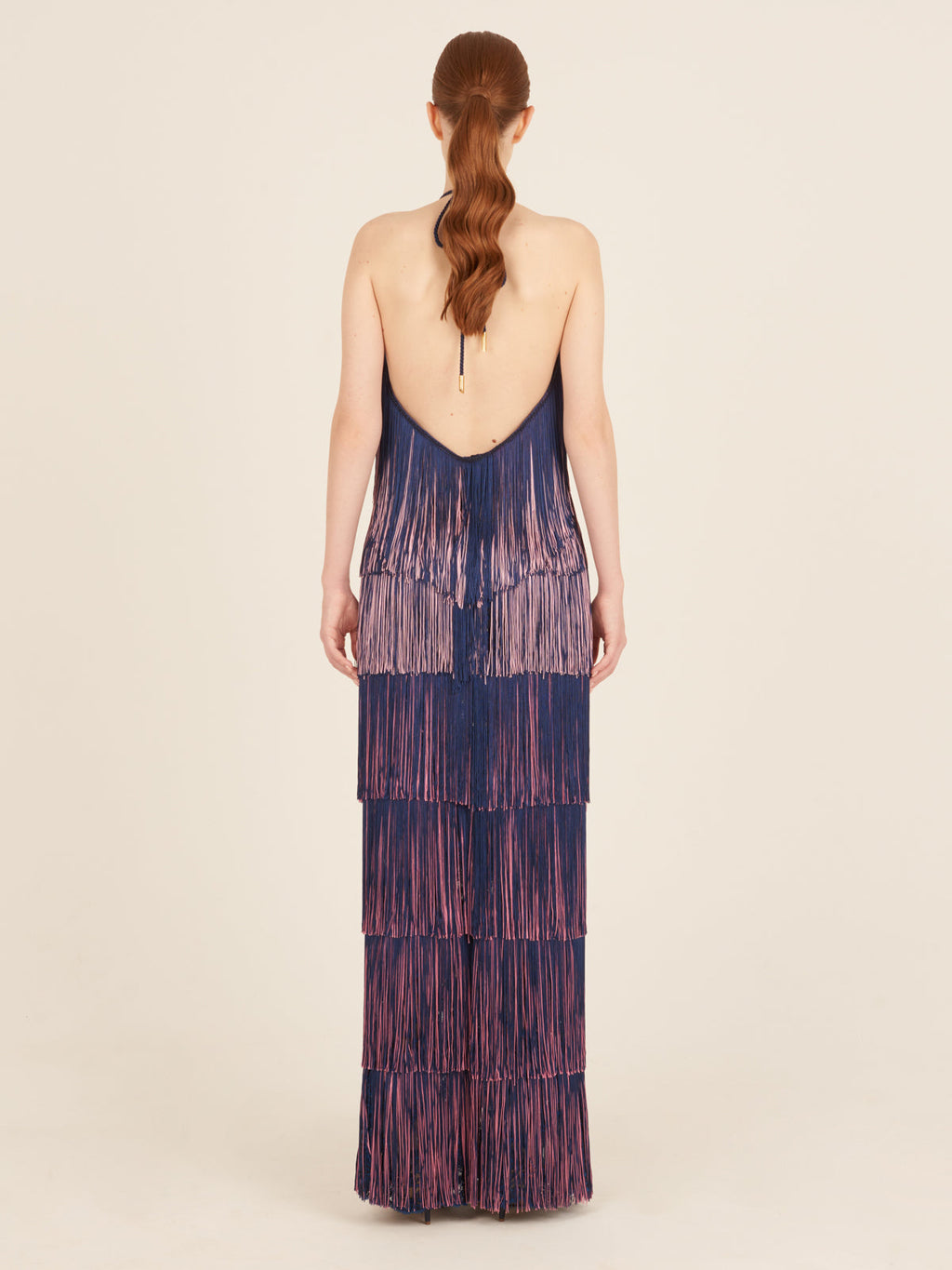 Purple-Blue Halter Layered Fringe Maxi Dress