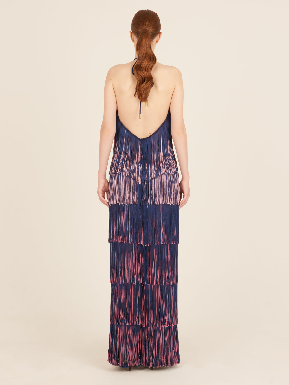 Purple-Blue Halter Layered Fringe Maxi Dress