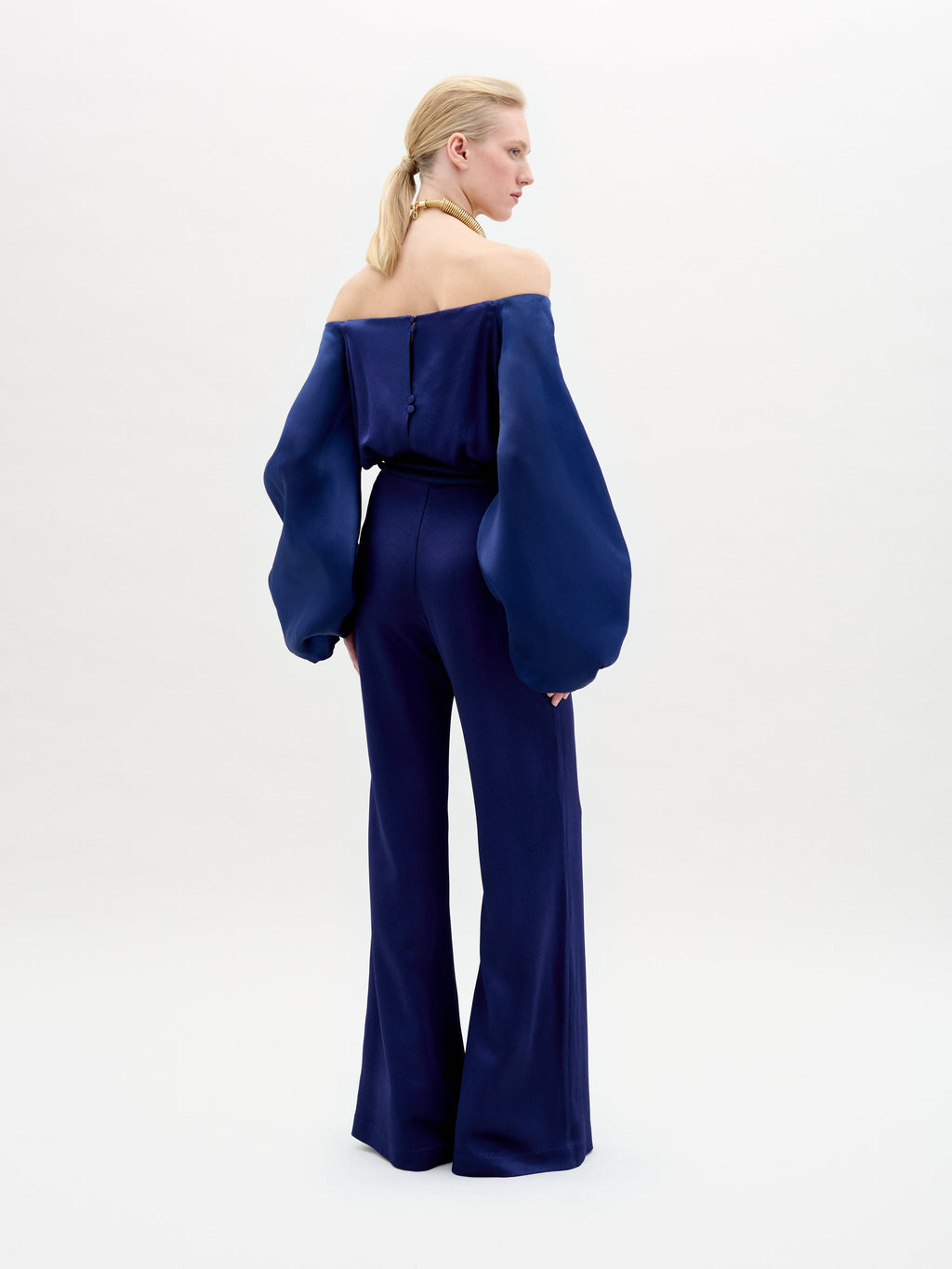 Blue Lantern-Sleeve Wide-Leg Set