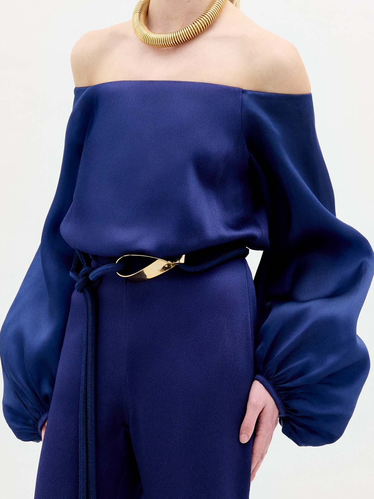 Blue Lantern-Sleeve Wide-Leg Set
