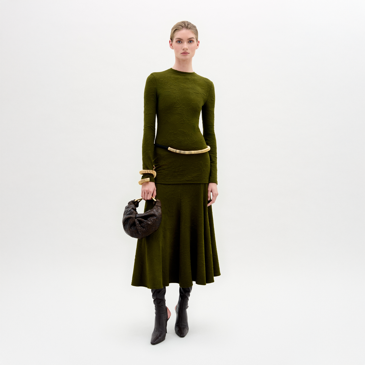 Olive Green Long-Sleeve A-Line Dress
