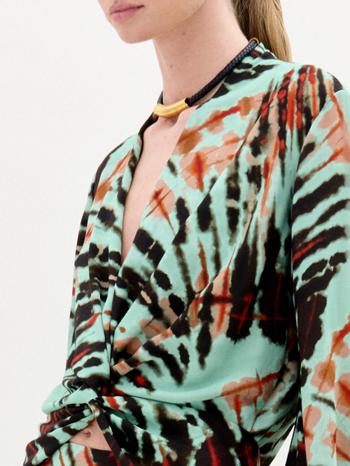 Abstract - print V - neck Knot Blouse