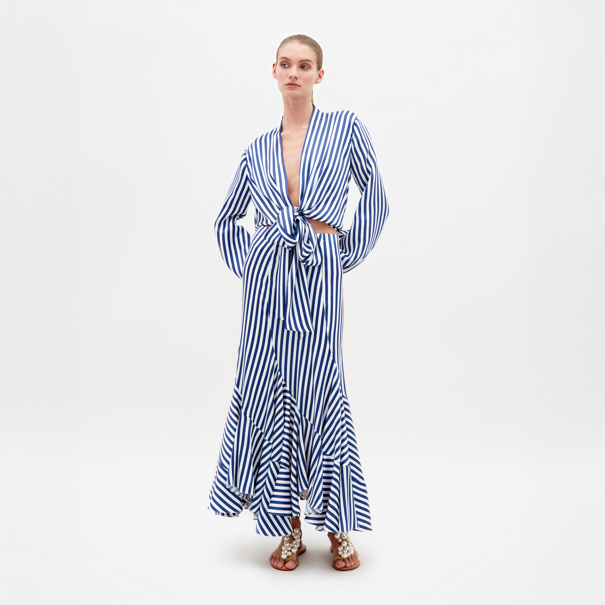 Blue-White Striped Tie-Front Mermaid Skirt