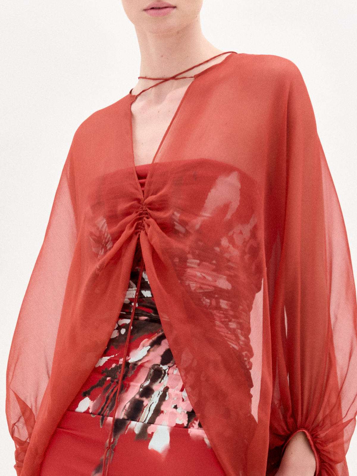 Red Sheer Puff-Sleeve Cover-Up