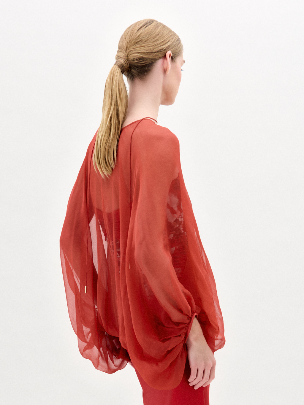 Red Sheer Puff-Sleeve Cover-Up