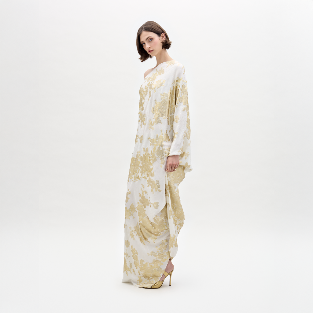 White Gold Printed Drapey Maxi Dress