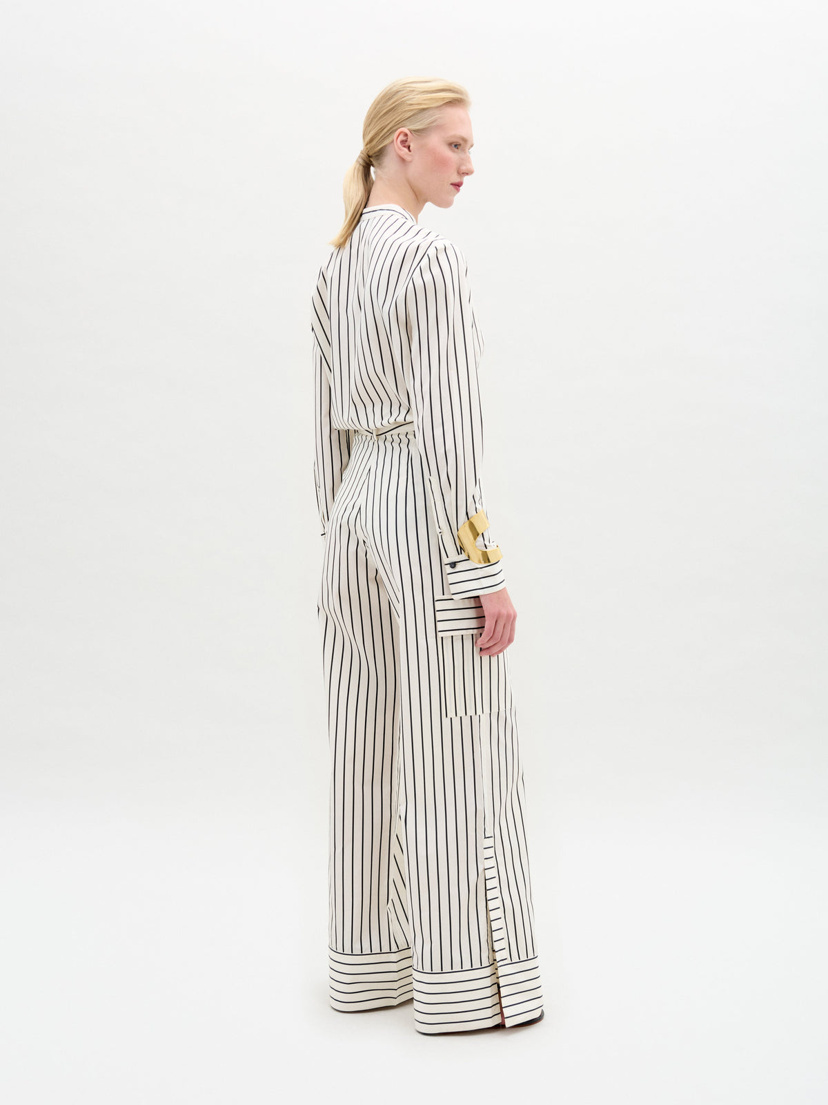 White Black Vertical Stripe High-Waisted Wide-Leg Trousers