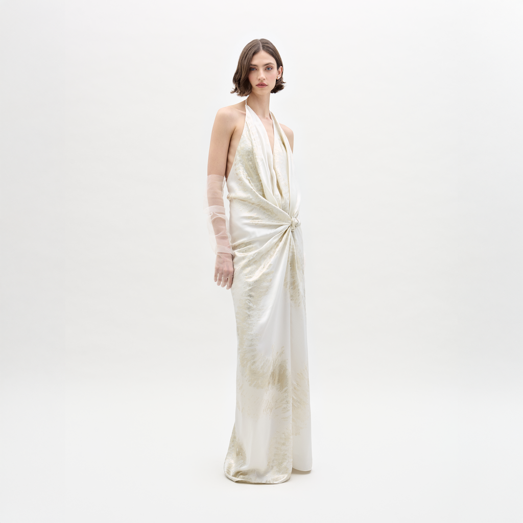Gold jacquard Halter Maxi Dress