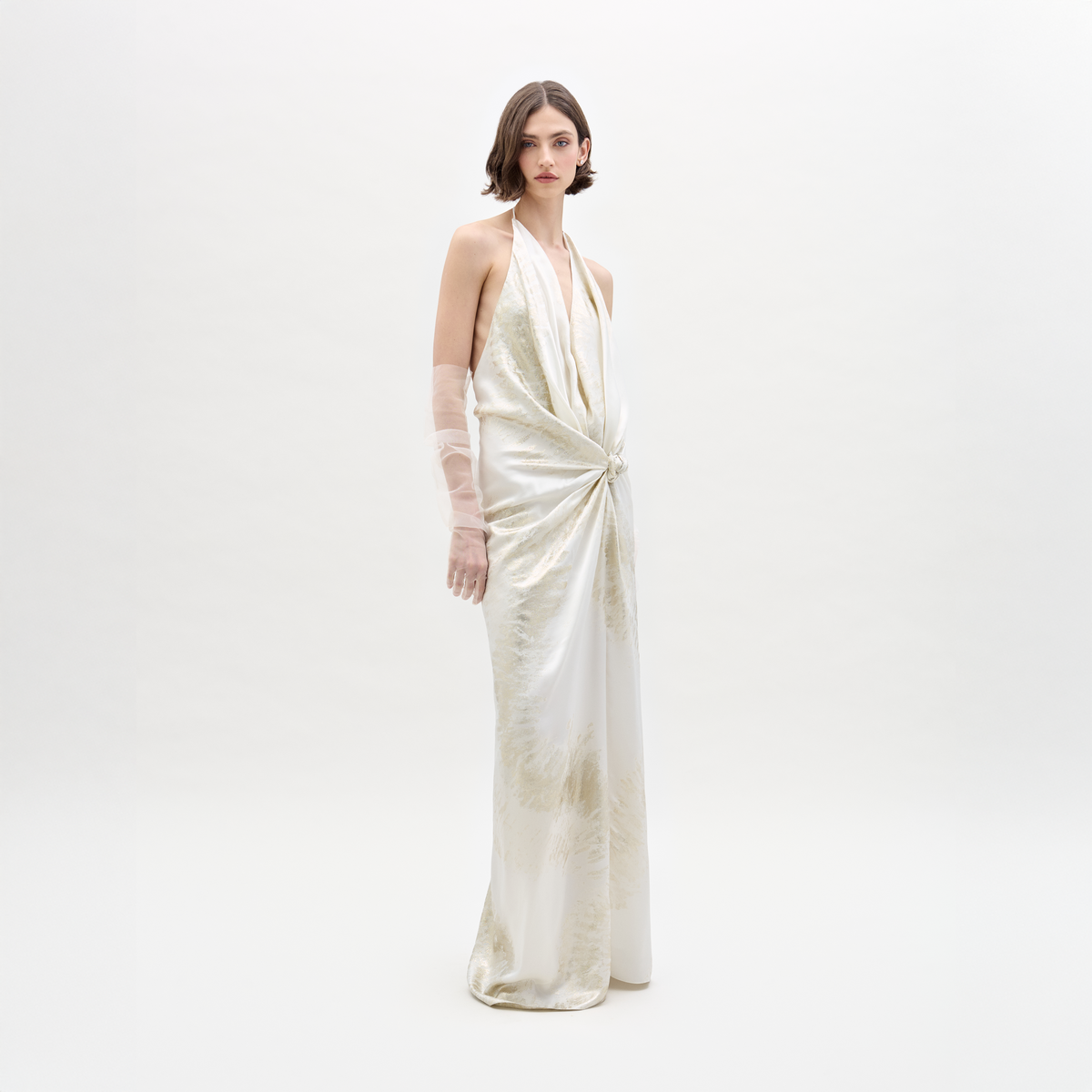 Gold jacquard Halter Maxi Dress