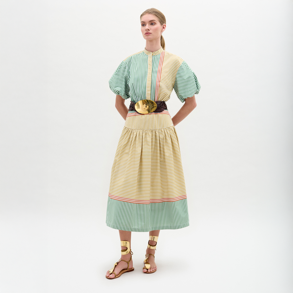 ‌Puff-Sleeve Striped Dress
