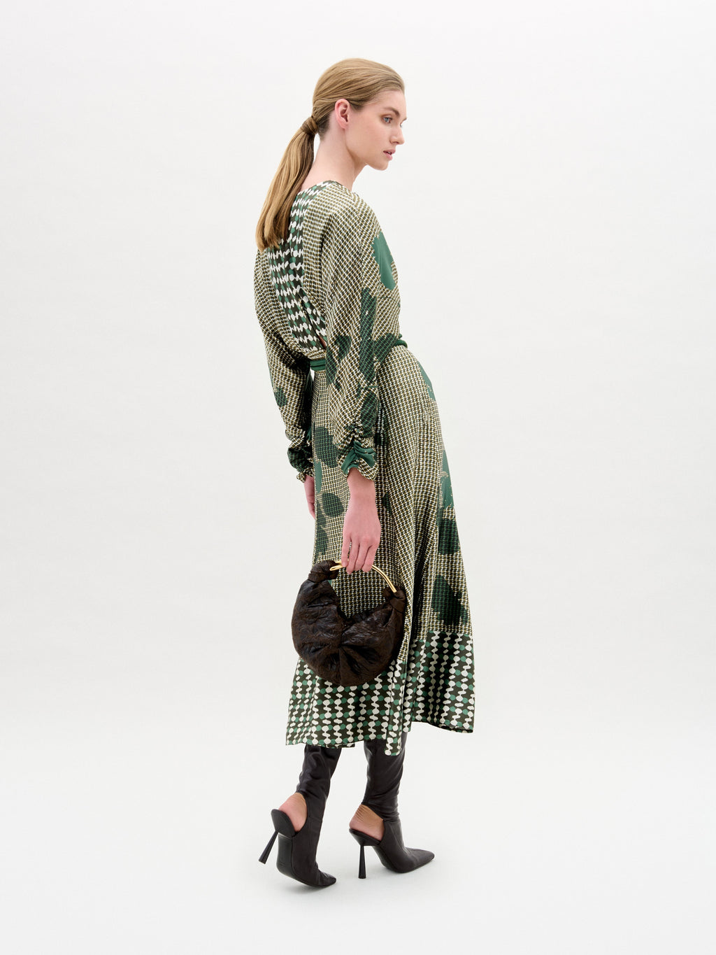 Green Grid Floral Long-Sleeve Dress