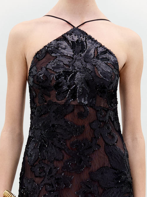 Black Embroidered Lace Long Dress