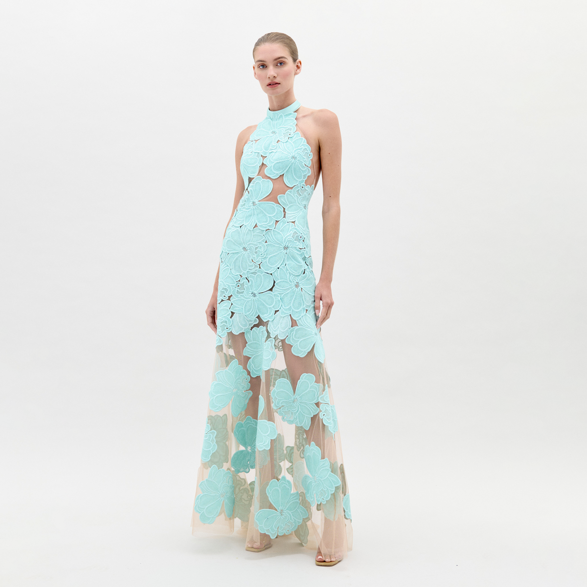 Aqua Floral Cutout Maxi Dress