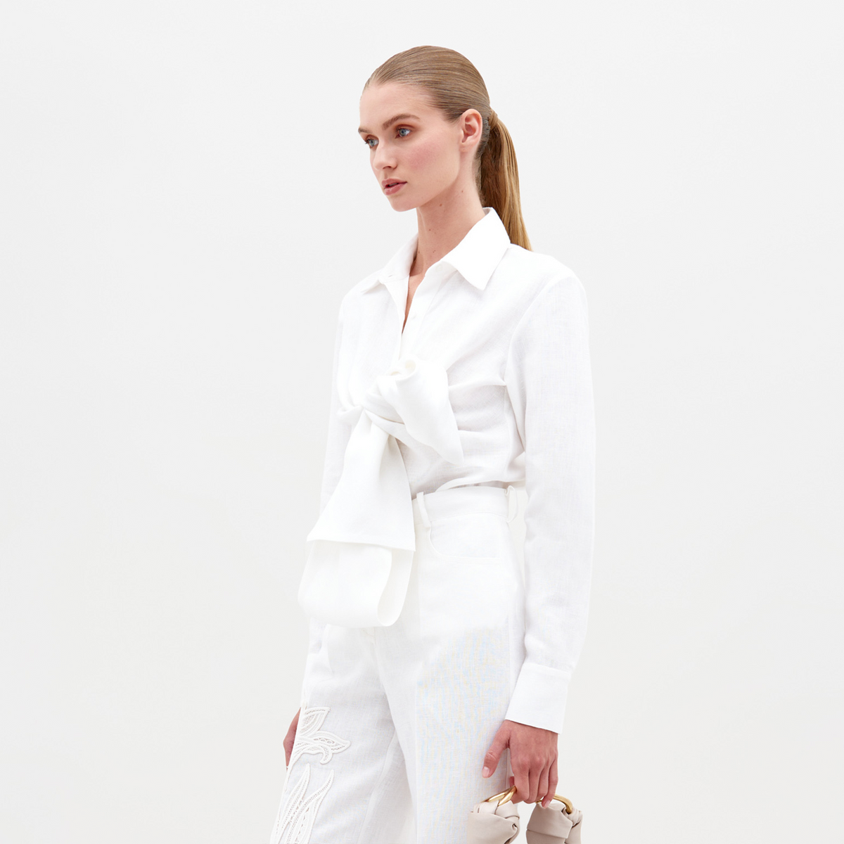 White Bow Long-sleeve Shirt