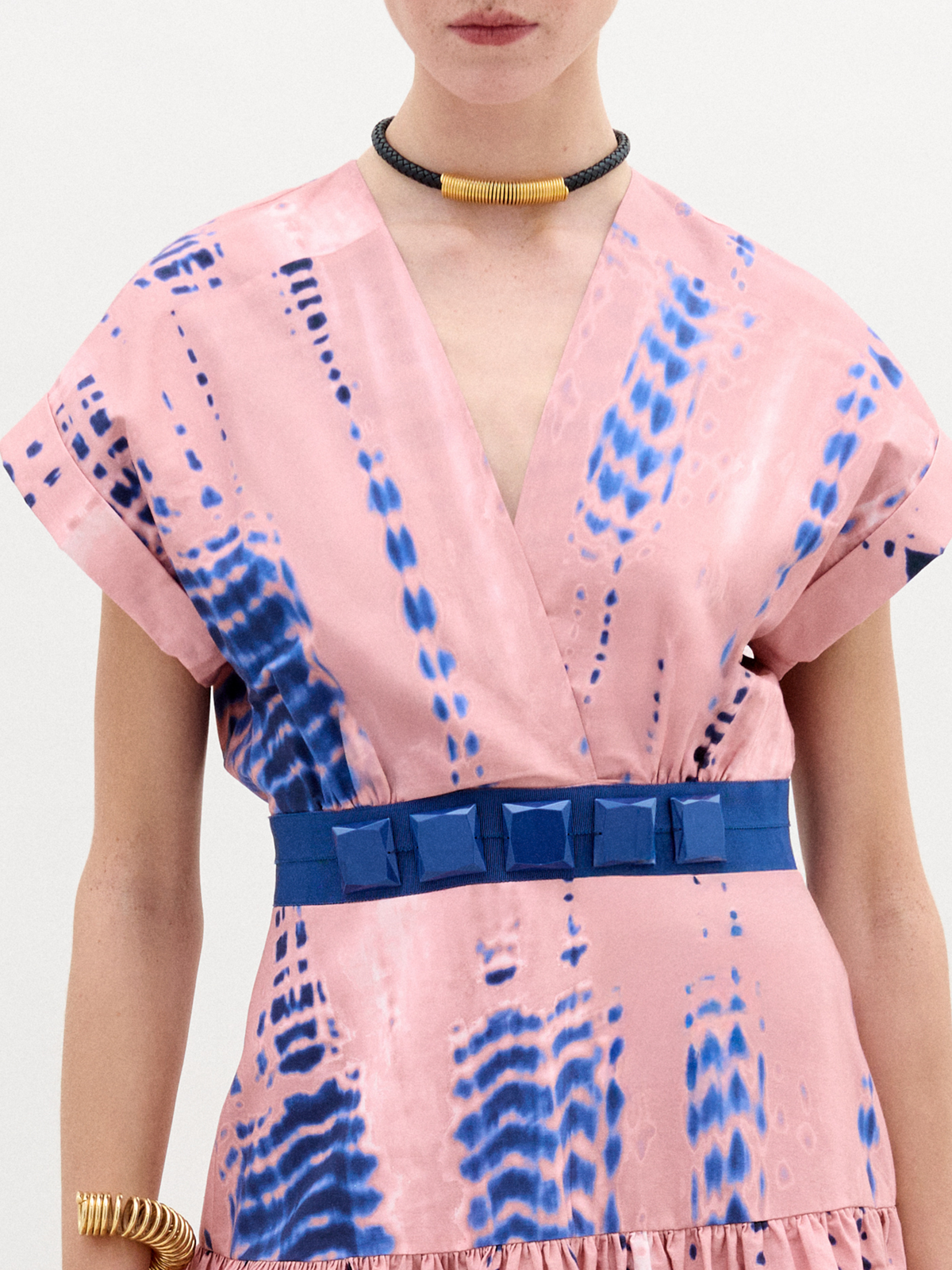 Pink Blue Printed V-neck Dress
