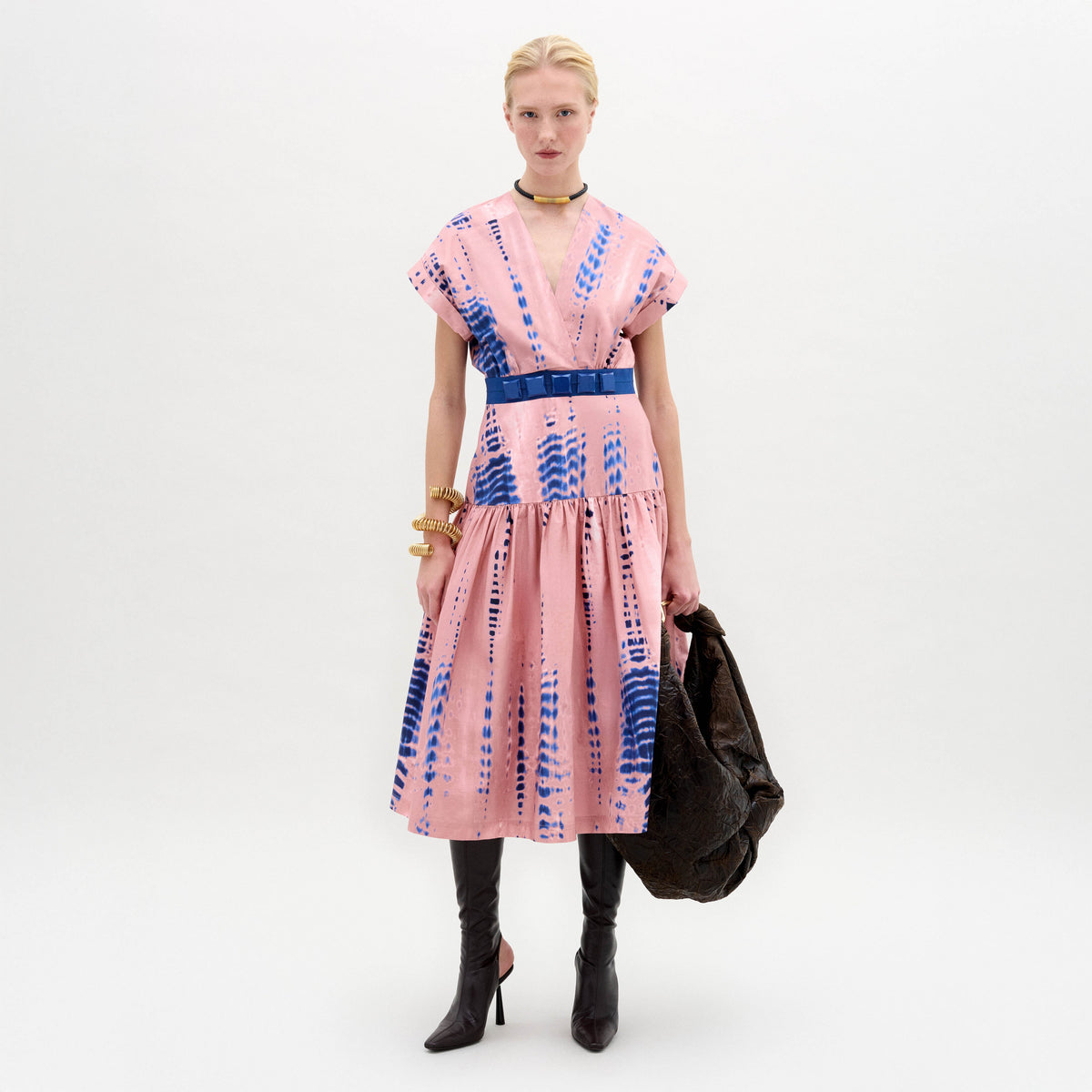 Pink Blue Printed V-neck Dress