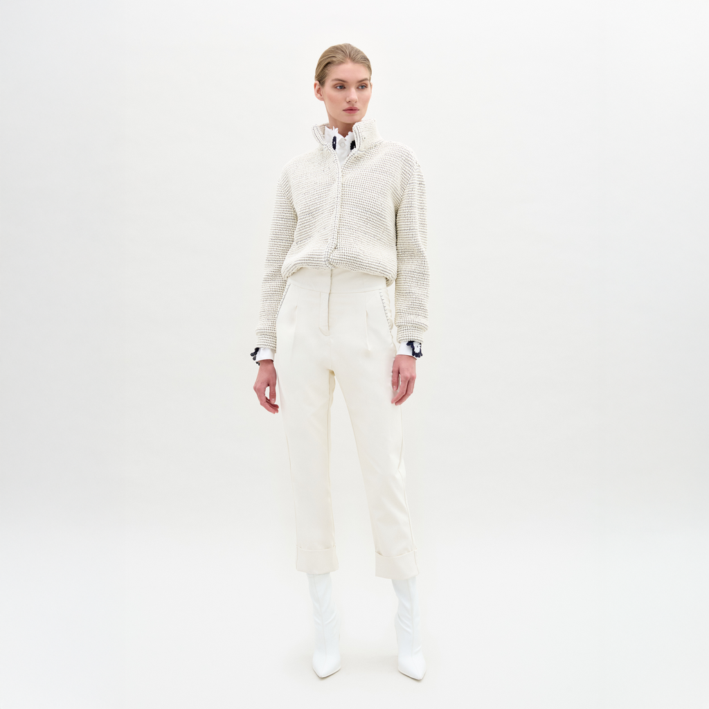 White High-Waisted Turn-Up Cropped Trousers