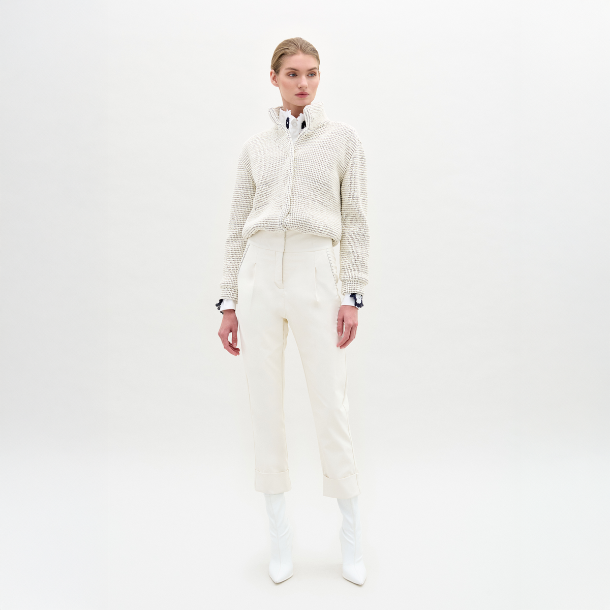 White High-Waisted Turn-Up Cropped Trousers